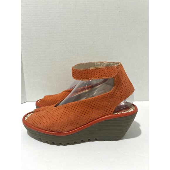Fly London Womesn Sandals Yala Perforated Suede Peep Toe Wedge size 37 - Picture 1 of 5